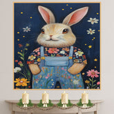 Bunny Wall Art Whimsical Rabbit in Blue Overalls with Flowers Cute Farmhouse Decor for Nursery Bedroom or Gifts for Animal Lovers and Country Cottage Homes on Ready to Hang 1.5" Thick Canvas Wrap, Floating Framed Canvas, Flat Rolled Canvas
